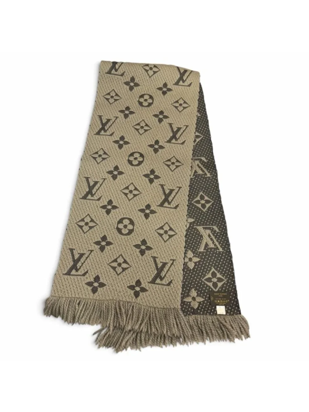Louis Vuitton Logomania Scarf Wool Silk Fringe Greige